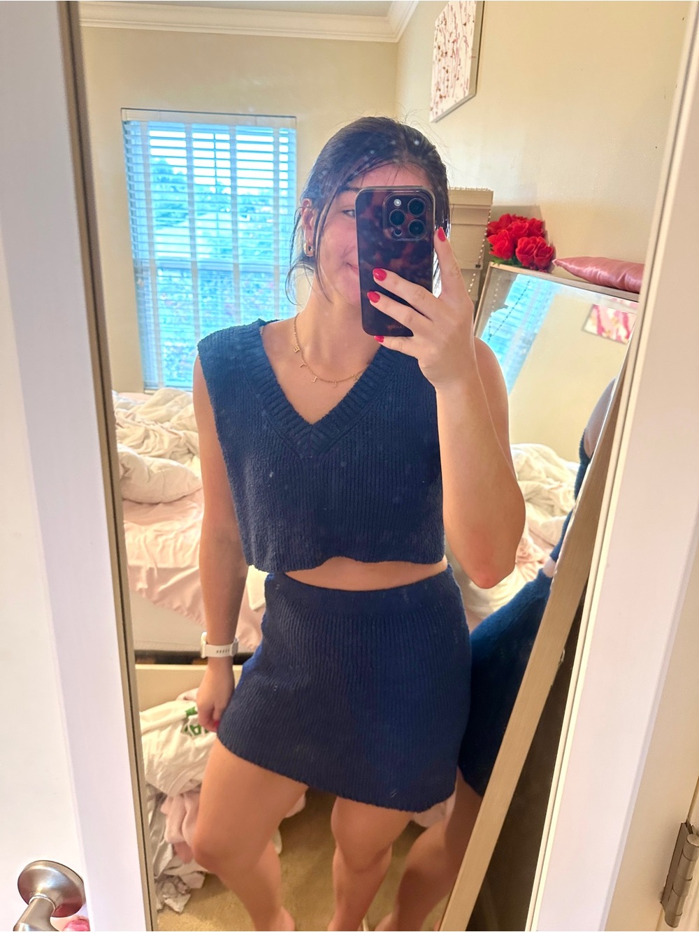 Day + Moon Navy Knit Two-Piece Boutique Crop Top & Mini Skirt Set